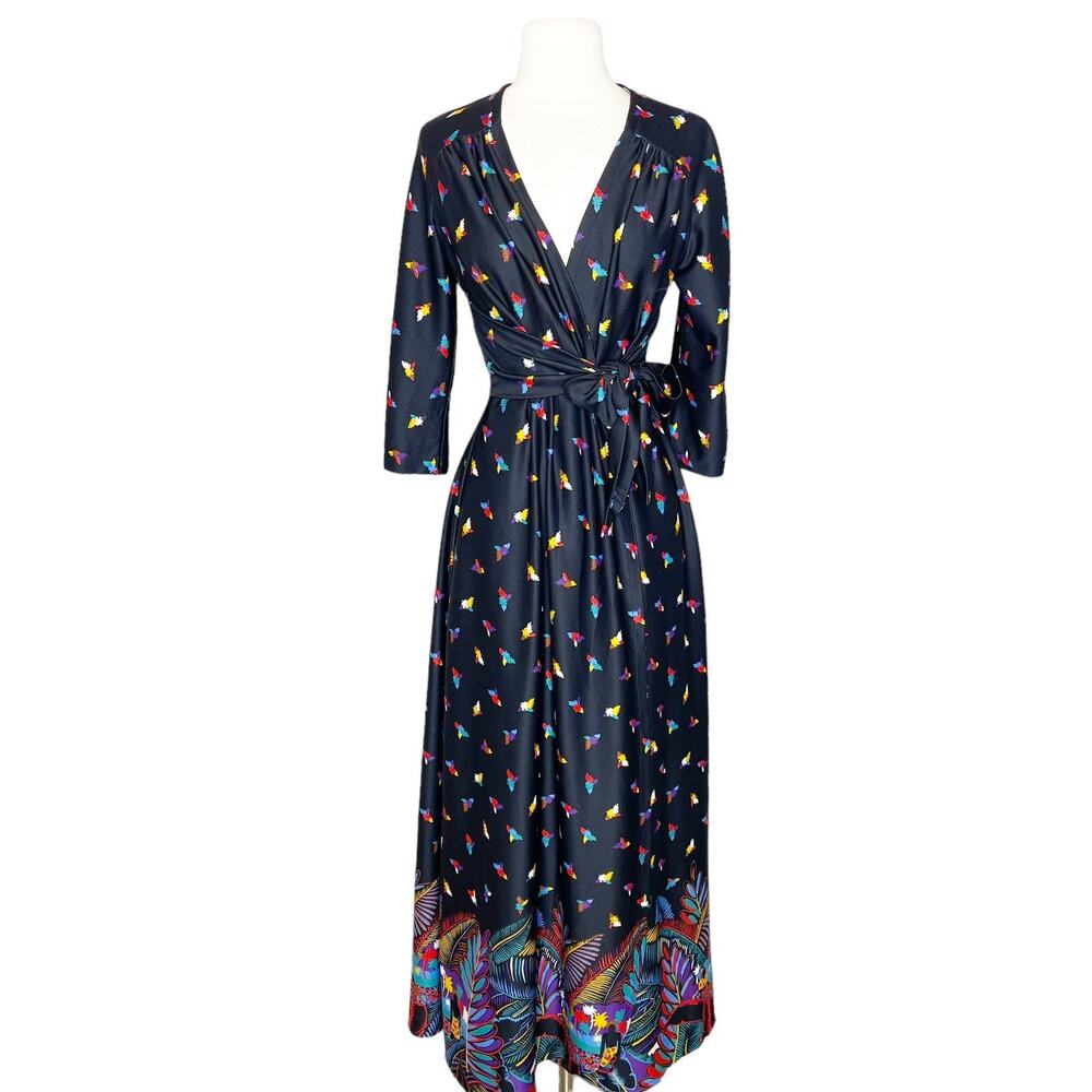 Vintage Serena Black Night Gown Small Wrap House‎ Dress Robe Bohemian Tropical